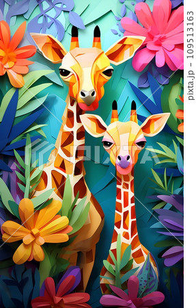 カラフルなキリンのパステル画 カラフルなキリンのイラスト素材