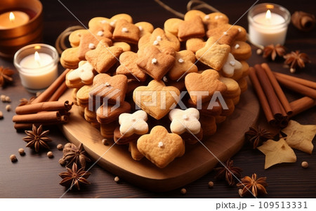 Cookies in the form of hearts on a wooden plate, cinnamon sticks, star anise and candles. 109513331