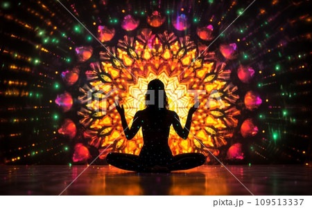woman silhouette of a yoga pose with a background of psychedelic, neon light patterns. 109513337
