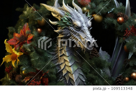 Dragon head in a christmas wreath, closeup of photo 109513348