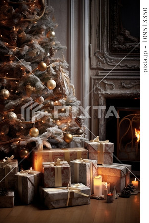 Interior christmas. magic glowing tree, fireplace and gifts Interior christmas. magic glowing tree, fireplace and gifts 109513350