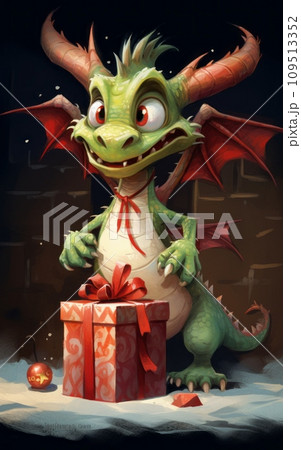 Cartoon dragon with gift box. New year and Christmas illustration. 109513352