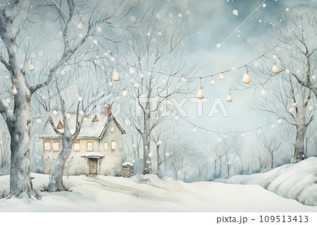 Digital paintings winter landscape, house in the forest. Artwork, fine art. 109513413