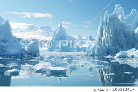 icebergs or glaciers with clear signs of melting 109513417