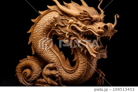 Wooden Chinese dragon symbol of the year: An artistic representation of a dragon from the Chinese zodiac carved from wood. 109513453