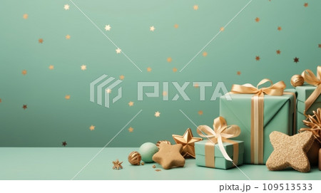 Christmas and New Year pastel green background with gift boxes and stars. Christmas and New Year pastel green background with gift boxes and stars. 109513533