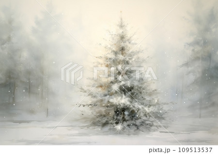 Digital paintings Foggy winter forest with snowy fir trees. Artwork, fine art. 109513537
