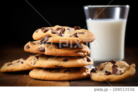 Chocolate chip cookies and a glass of milk on a wooden table Chocolate chip cookies and a glass of milk on a wooden table 109513538