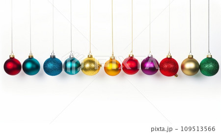 Colorful christmas balls hanging on white background with copy space. 109513566