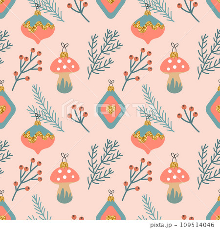 Christmas seamless pattern with Christmas tree decorations and twigs. New Year's design. Background, print, vector 109514046