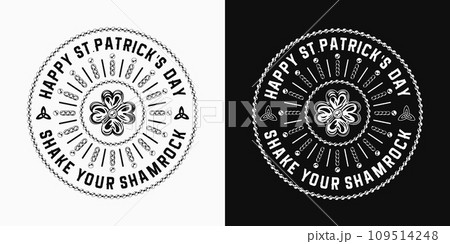Circular St Patricks Day label with four leaves shamrock clover, chains, beads, text. Vintage illustration on black, white background 109514248