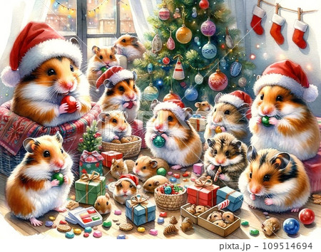 サンタ帽子のハムスターたちのクリスマスパーティ 109514694