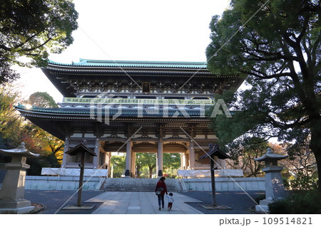 冬の神奈川県横浜市鶴見区にある総持寺の参道と三門と木々の風景 冬の神奈川県横浜市鶴見区にある総持寺の参道と三門と木々の風景 109514821