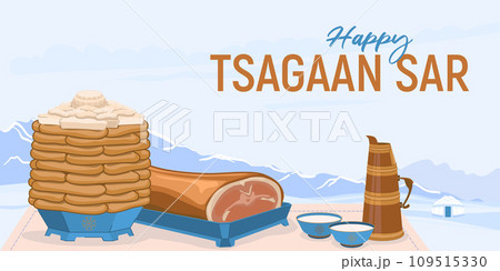 Traditional dishes for the celebration of the Mongolian New Year - Tsagaan Sar. Pies and cottage cheese. Roasted sheep's groats and milk tea against the backdrop of a winter landscape. Vector. Traditional dishes for the celebration of the Mongolian New Year - Tsagaan Sar. Pies and cottage cheese. Roasted sheep's groats and milk tea against the backdrop of a winter landscape. Vector. 109515330