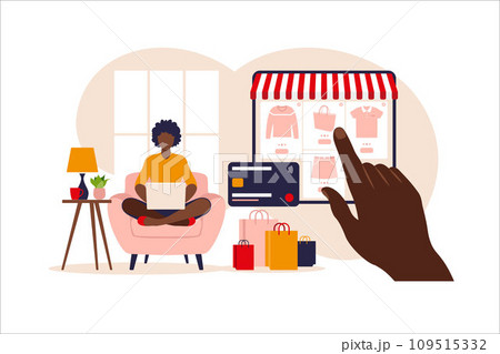 African woman shopping online on laptop. Vector illustration. Online store payment. Bank credit cards. Digital pay technology. E-paying. African woman shopping online on laptop. Vector illustration. Online store payment. Bank credit cards. Digital pay technology. E-paying. 109515332