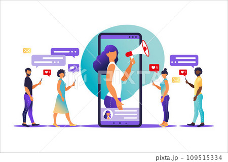 Characters - influencer marketing concept - blogger promotion services and goods for his followers online Characters - influencer marketing concept - blogger promotion services and goods for his followers online 109515334