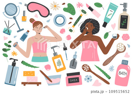 Women doing skincare routine, applying face cream and serum, beauty products and tools hand drawn set, doodle icons of skin care, bodycare treatments, cosmetics collection, vector illustrations Women doing skincare routine, applying face cream and serum, beauty products and tools hand drawn set, doodle icons of skin care, bodycare treatments, cosmetics collection, vector illustrations 109515652