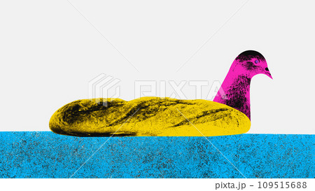 Pigeon swimming on bread over white background. Banner. Sales, ads. Contemporary art collage. Pigeon swimming on bread over white background. Banner. Sales, ads. Contemporary art collage. 109515688