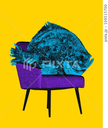 Giant blue fish lying on purple armchair against bright yellow background. Contemporary art collage. 109515700