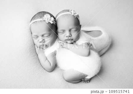 Tiny newborn twin girls. A newborn twin embraces and sleeps on his sister, Newborn twin girls against a pale blue blanket with white bandages and white delicate woolen bodysuits. Black and white. 109515741