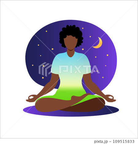 African woman meditating with nature background and her hair up. Meditation concept. Woman sitting in lotus position practicing meditation. 109515833