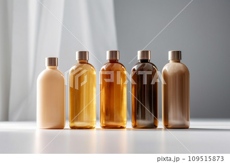 AI-generated content. Plastic mockup shampoo bottles isolated on neutral background.  109515873