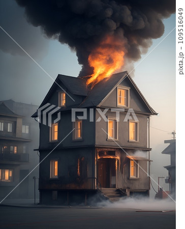 火事により火と煙に包まれる一軒家 火事により火と煙に包まれる一軒家 109516049