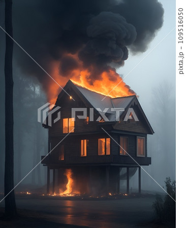 火事により火と煙に包まれる一軒家 109516050