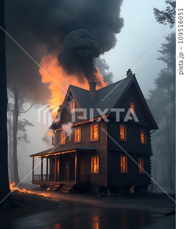 火事により火と煙に包まれる一軒家 109516051