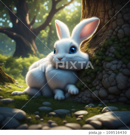 A white fluffy rabbit with blue big eyes. A white fluffy rabbit with blue big eyes. 109516430