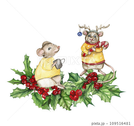 Christmas composition with mice in cartoon style. Watercolor Christmas hand drawn illustration for cards, backgrounds, scrapbooking and your design. Perfect for wedding invitation. 109516481