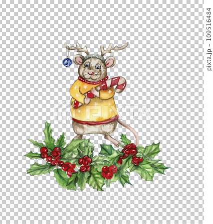 Christmas composition with mice in cartoon style. Watercolor Christmas hand drawn illustration for cards, backgrounds, scrapbooking and your design. Perfect for wedding invitation. 109516484