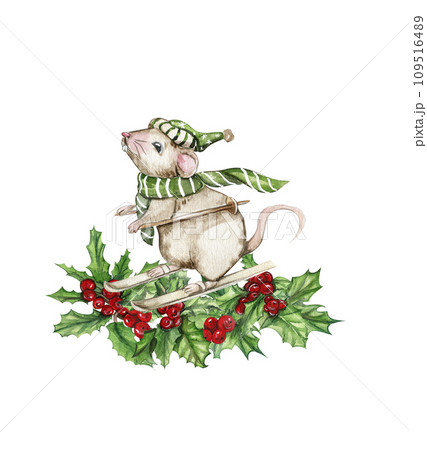 Christmas composition with mice in cartoon style. Watercolor Christmas hand drawn illustration for cards, backgrounds, scrapbooking and your design. Perfect for wedding invitation. Christmas composition with mice in cartoon style. Watercolor Christmas hand drawn illustration for cards, backgrounds, scrapbooking and your design. Perfect for wedding invitation. 109516489