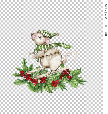 Christmas composition with mice in cartoon style. Watercolor Christmas hand drawn illustration for cards, backgrounds, scrapbooking and your design. Perfect for wedding invitation. 109516489