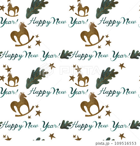 Golden rocking horses and fir branches. Seamless watercolor pattern for New Year and Christmas wrapping paper. Vintage style gifts for children under the Christmas tree. 109516553