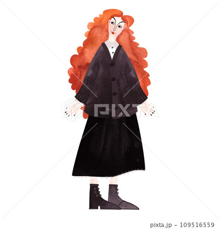 A slender, beautiful, smiling, cheerful young girl with a shock of bright red curls in a dark knitted sweater, a black skirt and boots with laces. Watercolor hand drawn isolated illustration on white A slender, beautiful, smiling, cheerful young girl with a shock of bright red curls in a dark knitted sweater, a black skirt and boots with laces. Watercolor hand drawn isolated illustration on white 109516559