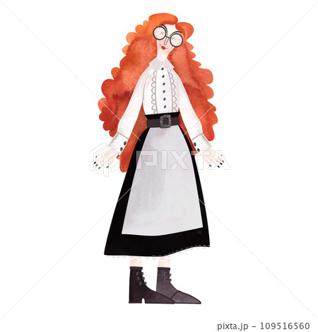 A slender, beautiful, smiling, cheerful young girl with a mop of bright red curls wearing glasses, a white vintage blouse, a black skirt with a white apron and boots with laces. Watercolor hand drawn A slender, beautiful, smiling, cheerful young girl with a mop of bright red curls wearing glasses, a white vintage blouse, a black skirt with a white apron and boots with laces. Watercolor hand drawn 109516560