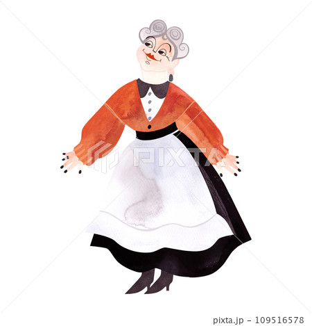 A curvy, plump, smiling, cheerful middle-aged woman with gray curls wearing a red cardigan, a black skirt with a white apron and pointed shoes. Watercolor hand drawn isolated illustration on white A curvy, plump, smiling, cheerful middle-aged woman with gray curls wearing a red cardigan, a black skirt with a white apron and pointed shoes. Watercolor hand drawn isolated illustration on white 109516578