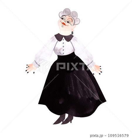 Curvy plump smiling cheerful middle aged woman with gray curls wearing a white blouse with a black collar, a black skirt and pointed shoes. Watercolor hand drawn isolated illustration on white 109516579