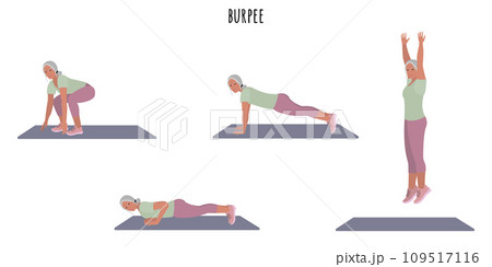 Senior woman doing burpee exercise Senior woman doing burpee exercise 109517116
