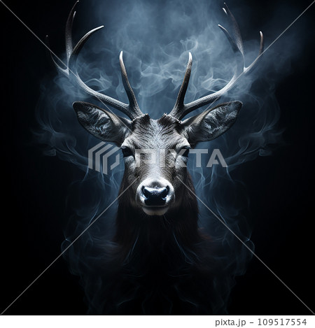 Head of a red deer with antlers in smoke and flames on black, unusual natural background, protect the forest from fire 109517554