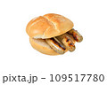 Bavarian street food, three grilled Nuremberg sausages, served in a fresh crispy roll 109517780