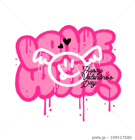 Spray painted graffiti flying emoji with wings icon in black over pink sprayed words Love wins. Trendy 90s street art vector illustration isolated on white background. 109517880