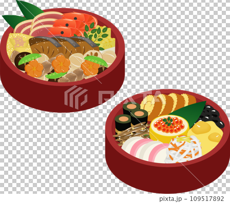 丸い重箱に入ったおせち 109517892