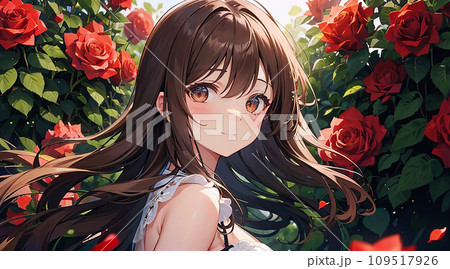 薔薇に囲まれた女の子 イラスト「AI生成画像」のイラスト素材