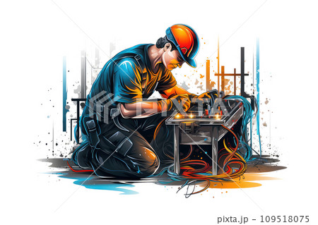 AI-generated content. Electrician during the work 3d colorful illustration - Generative AI. AI-generated content. Electrician during the work 3d colorful illustration - Generative AI. 109518075