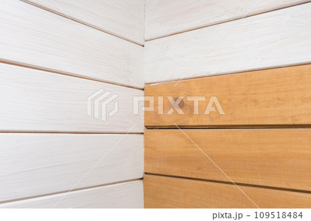 Wooden white brown boards corner plank joint interior part sample wall decoration design 109518484