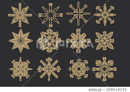 Set Golden snowflake crystal elegant line christmas decoration on dark background, collection winter ornament frozen element. Set Golden snowflake crystal elegant line christmas decoration on dark background, collection winter ornament frozen element. 109519133
