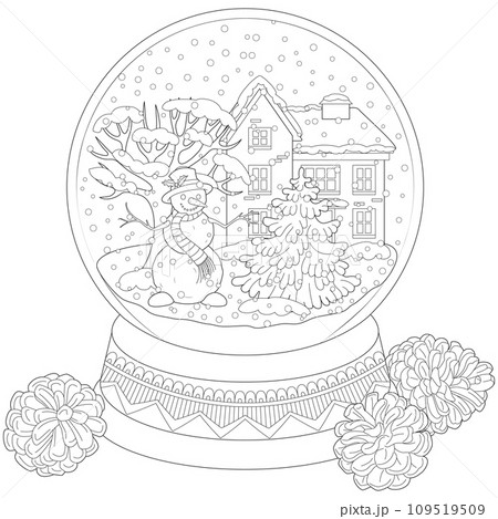 Christmas toy with a cute snowman, Christmas tree, house, pine cones. Winter holiday illustration, Coloring page, black and white, line art, print and color, favorite holidays, I like winter Christmas toy with a cute snowman, Christmas tree, house, pine cones. Winter holiday illustration, Coloring page, black and white, line art, print and color, favorite holidays, I like winter 109519509