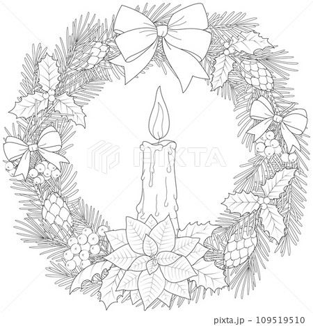 A beautiful Christmas wreath decorated with cones, berries, bows and flowers with a burning bright candle. Winter holiday illustration, Coloring page, black and white, line art 109519510